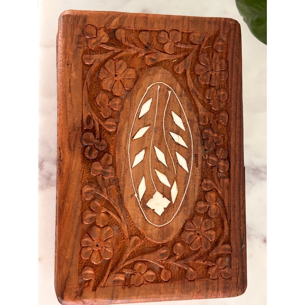 Vintage Hand Carved Floral Wood Jewelry Box Shell Inlay Blue Velvet Lined - Picture 13 of 16